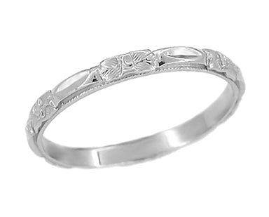 Antique Art Deco Sculpted Roses Wedding Band - 14K White Gold - R372