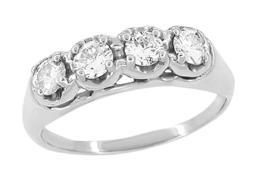 Brenley 1950's Mid Century Antique Style 4 Diamond Wedding Ring in 14 Karat White Gold
