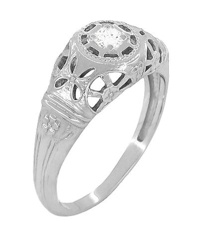 Art Deco Open Flowers Filigree Diamond Engagement Ring in 14 Karat White Gold | Low Profile Dome - Item: R428-LC - Image: 2