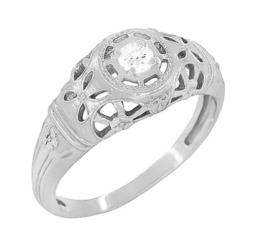 Art Deco Open Flowers Filigree Diamond Engagement Ring in 14 Karat White Gold | Low Profile Dome