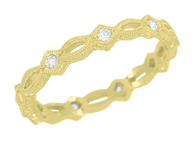 Art Deco Sculptural 14 Karat Yellow Gold Hand Carved Eternity Diamond Wedding Ring
