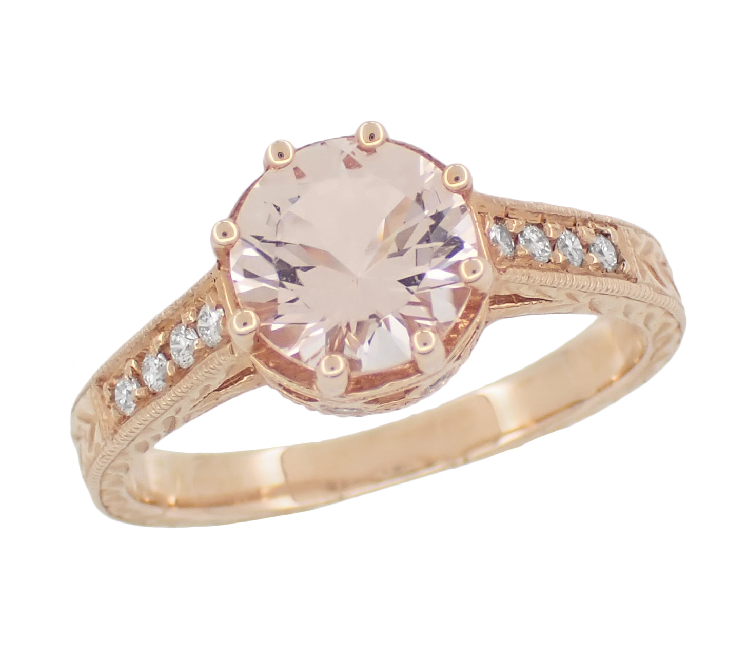 Art Deco Royal Crown Antique Style 1.20 Carat Morganite Engraved Engagement Ring in 14 Karat Rose Gold