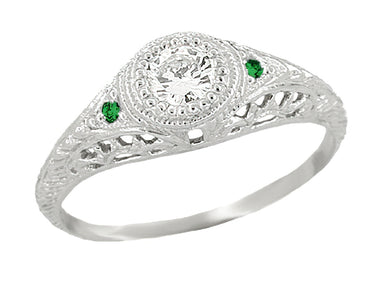 Art Deco Vintage Engraved Filigree Diamond Engagement Ring with Emerald Side Stones in 14 Karat White Gold