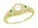 Art Deco 1920's Heirloom Filigree Diamond and Side Emerald Engagement Ring in Yellow Gold
