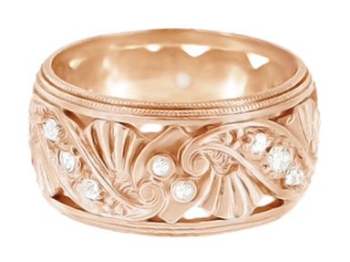 Retro Moderne Filigree Diamond Wide Wedding Ring in 14 Karat Rose Gold