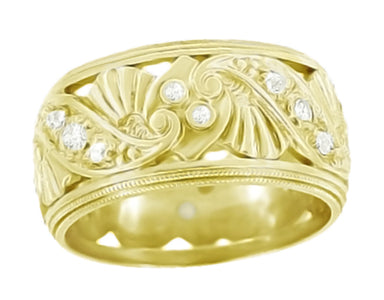 Retro Moderne Filigree Fan Scrolls Wide Diamond Wedding Ring in 14 Karat Yellow Gold