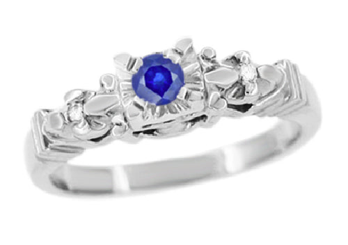 Retro Moderne Starburst Design Vintage Bright Blue Sapphire Engagement Ring in 14K White Gold - R481WS