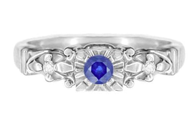 Retro Moderne Starburst Blue Sapphire Engagement Ring in 14 Karat White Gold - alternate view
