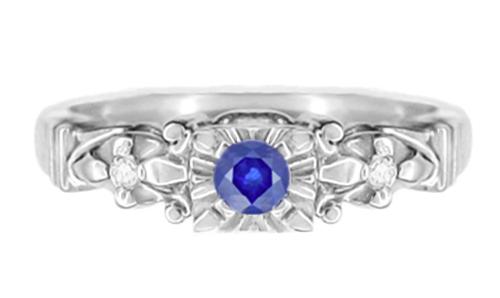 Retro Moderne Illusion Box Setting with Royal Blue Sapphire - Vintage Engagement Ring in White Gold with Side White Sapphires - R481WS