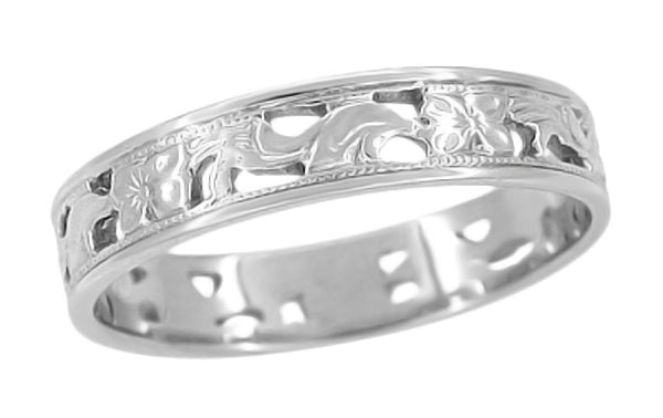 1920s Art Deco Filigree Scrolls and Flowers 4mm Vintage Wedding Band in White Gold 