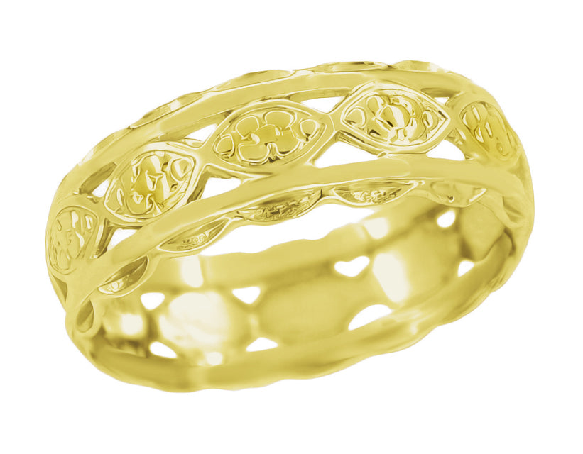 Art Deco Yellow Gold Scalloped Floral Open Filigree Wide Wedding Band - 6.5mm