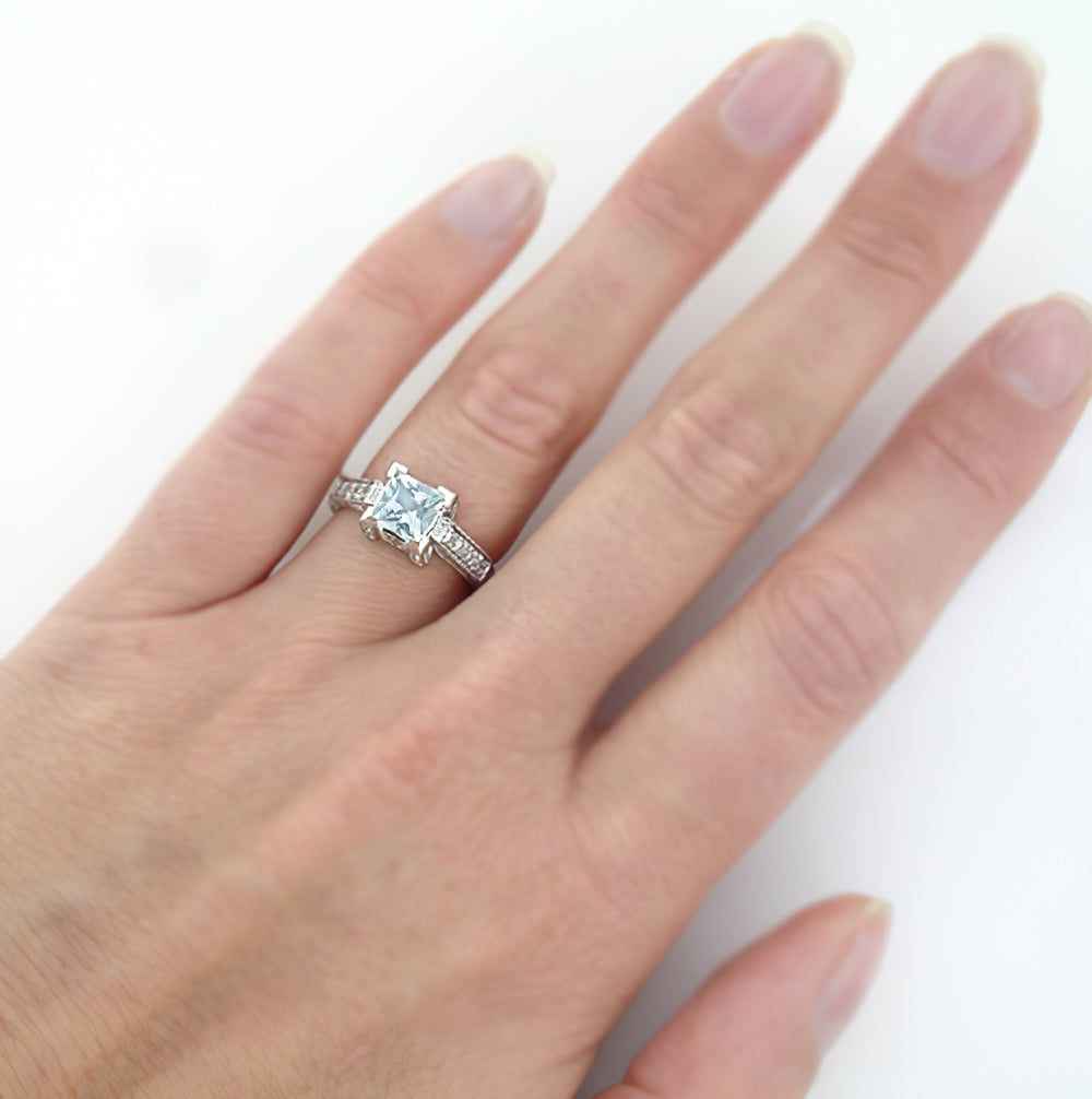 Platinum Art Deco 1 Carat Square Princess Cut Aquamarine and Diamond Engagement Ring - Item: R495A - Image: 7