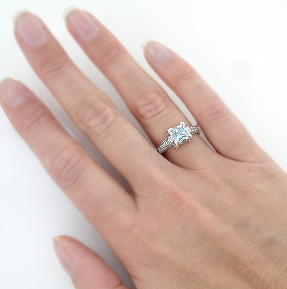 Art Deco 1 Carat Princess Cut Aquamarine and Diamond Engagement Ring in 18 Karat White Gold - Item: R496A - Image: 7