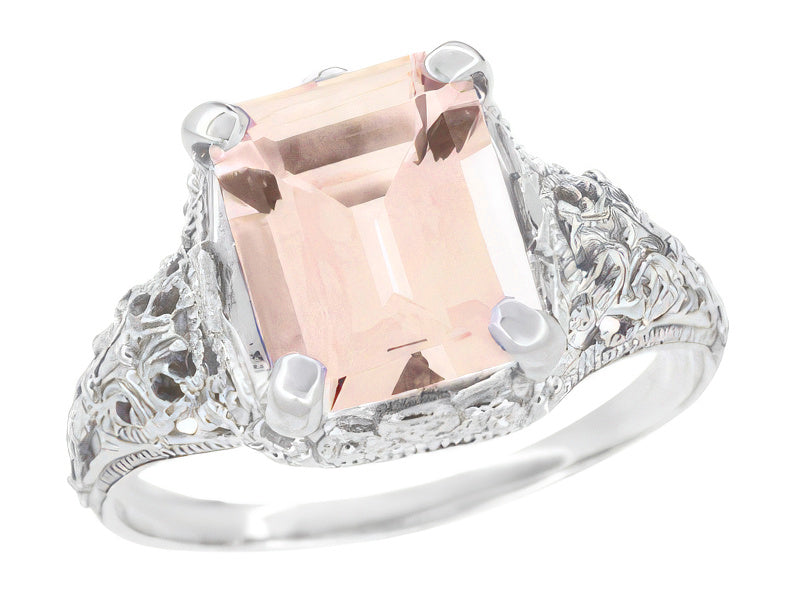 Edwardian Filigree Emerald Cut Morganite Engagement Ring in 14 Karat W Antique Jewelry Mall