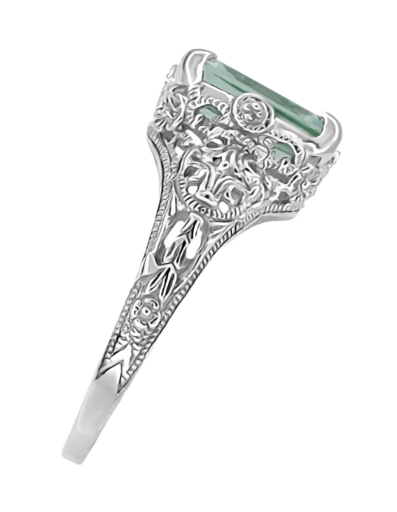 Platinum Edwardian Filigree Emerald Cut Prasiolite Ring ( Green Amethyst ) - Item: R618PGA - Image: 2