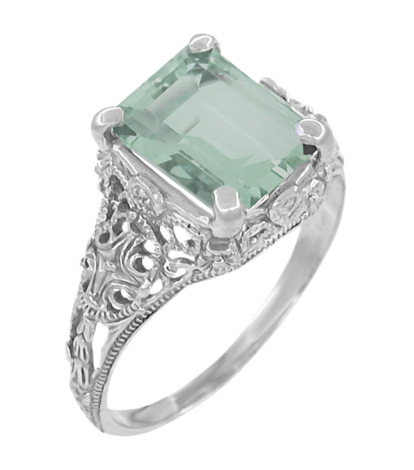 Platinum Edwardian Filigree Emerald Cut Prasiolite Ring ( Green Amethyst ) - Item: R618PGA - Image: 3