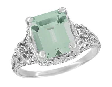 Platinum Edwardian Filigree Emerald Cut Prasiolite Ring ( Green Amethyst )