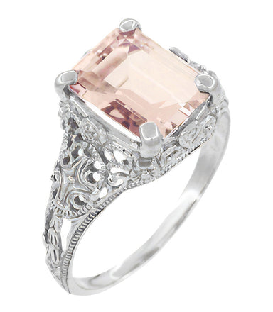 Edwardian Filigree 3 Carat Emerald Cut Morganite Engagement Ring in Platinum - alternate view
