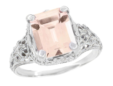 Edwardian Filigree 3 Carat Emerald Cut Morganite Engagement Ring in Platinum