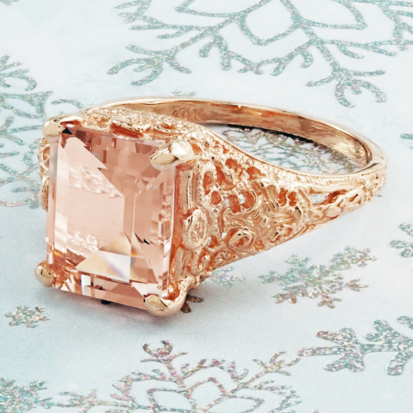 Emerald Cut Morganite Edwardian Filigree Engagement Ring in 14 Karat Rose ( Pink ) Gold - Item: R618RM - Image: 6