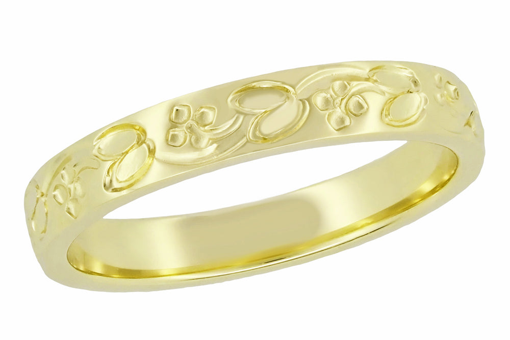 Yellow Gold Art Deco Engraved Flowers & Leaves Vintage Wedding Ring - 14K - 18K - R626Y