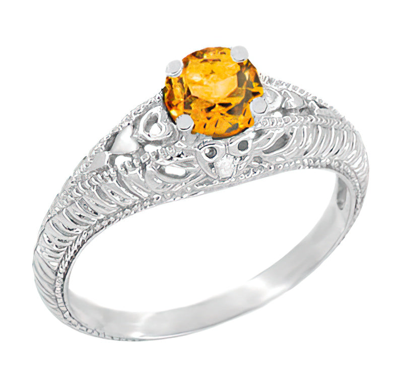 Art Deco Hearts Engraved Filigree Citrine Engagement Ring with Side Diamonds in 14 Karat White Gold