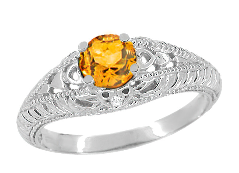 Art Deco Hearts Engraved Filigree Citrine Engagement Ring with Side Diamonds in 14 Karat White Gold - Item: R627WC - Image: 2