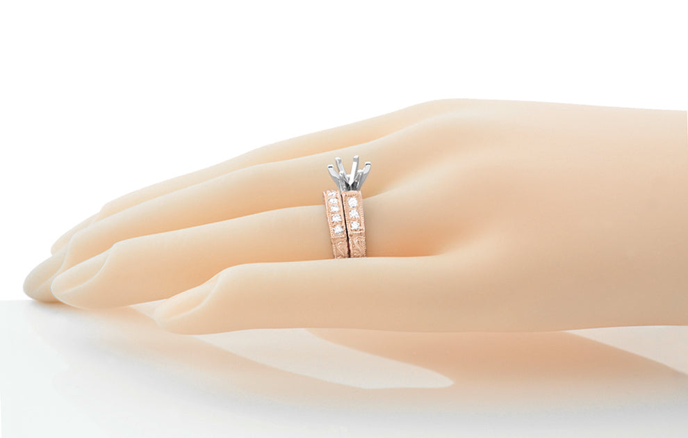 Art Deco Vintage Style Engraved Scrolls 1 Carat Diamond Engagement Ring Setting and Wedding Ring in 14 Karat Rose ( Pink ) Gold - Item: R628R - Image: 3