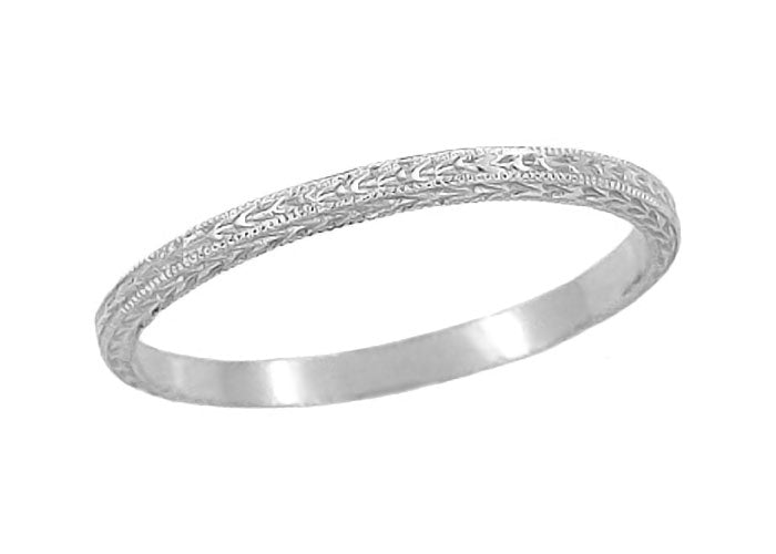 Art Deco Hand Engraved Very Thin Wheat Wedding Band in 14K White