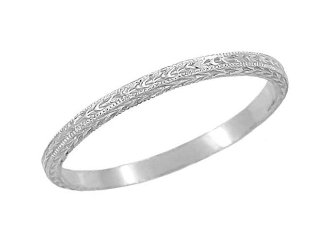 Art Deco Vintage Engraved Very Thin Wheat Wedding Band in Platinum