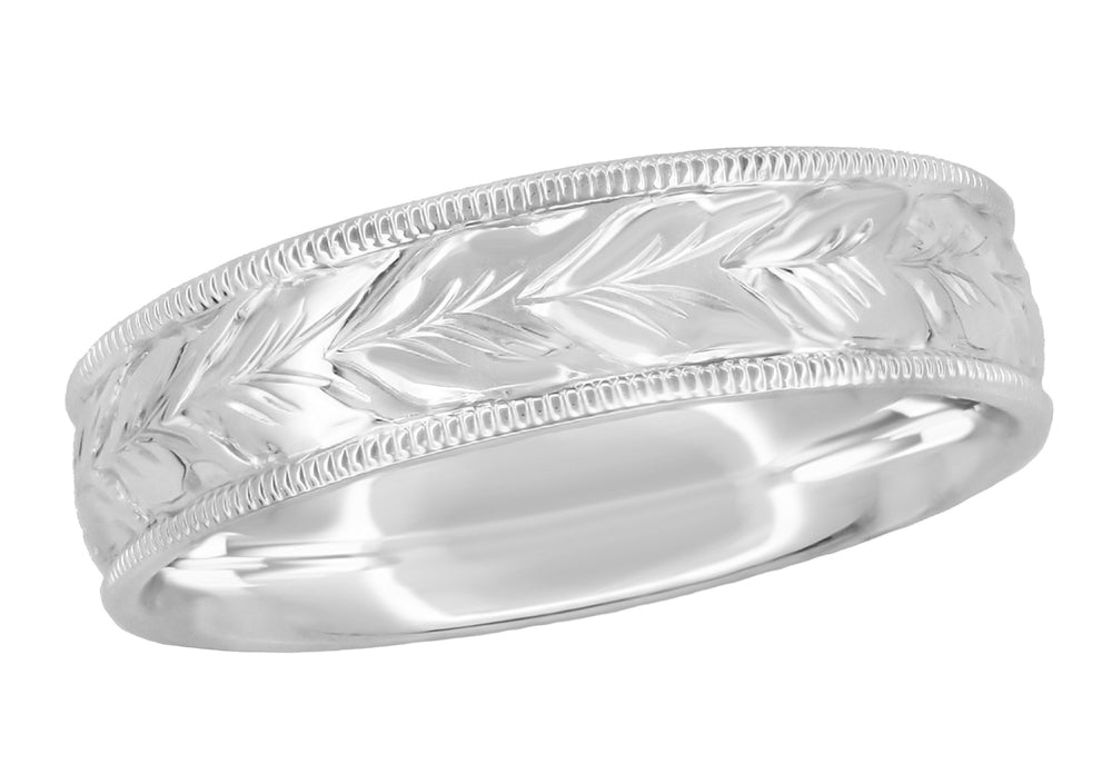 6mm Art Deco Hand Engraved Wheat Antique Wedding Ring White Gold
