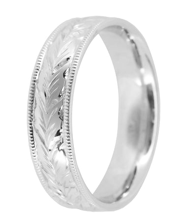 Comfort Fit 6mm Wide Art Deco Millgrain Edge Hand Engraved Wheat Antique Style Wedding Ring in White Gold - alternate view