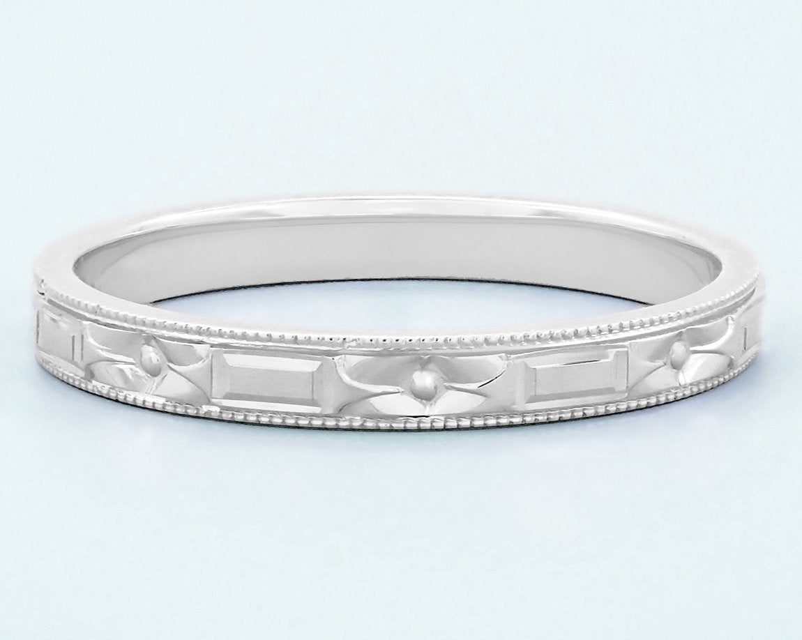 1920's Art Deco Flowers and Bars Platinum Wedding Ring - Item: R638P - Image: 2