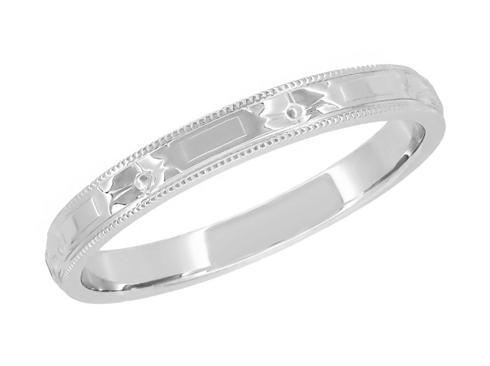 Carved Platinum Antique Wedding Band with Flowers and Bars and Milgrain Edges - Art Deco - R638P