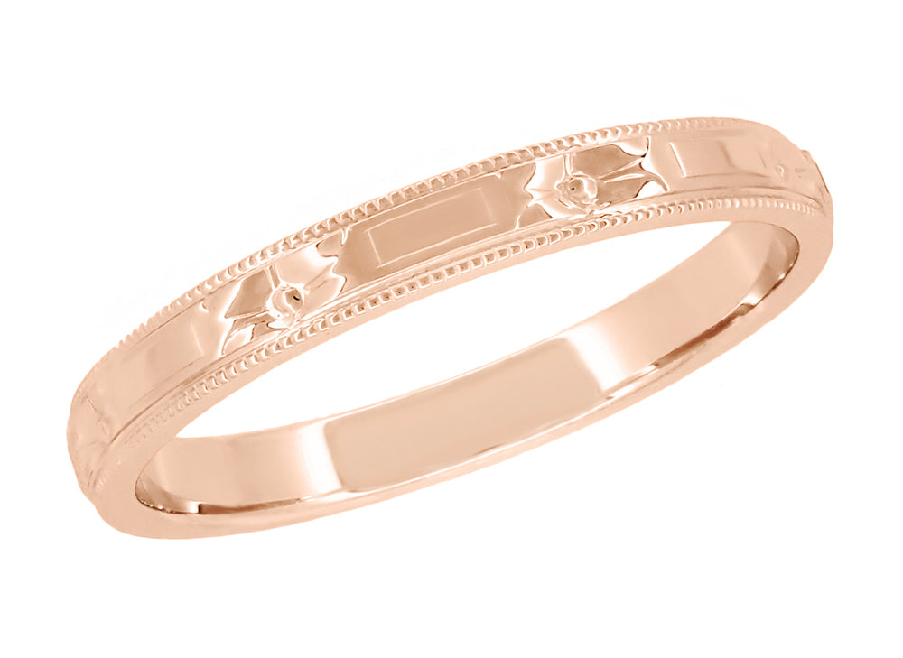 Rose Gold Carved Antique Wedding Band 2.5mm Art Deco Flowers and Bars R638R