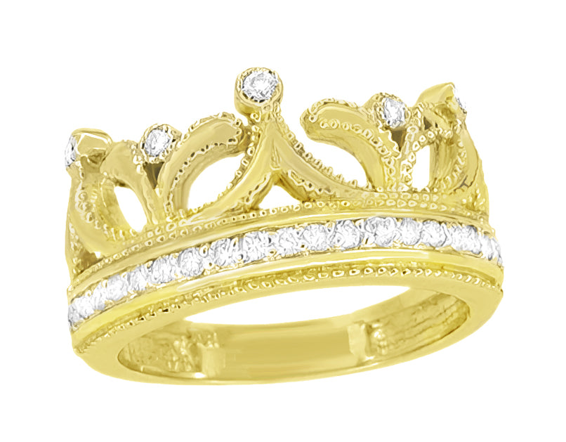Yellow Gold Ashton Royal Crown Ring with Diamonds - 14K or 18K