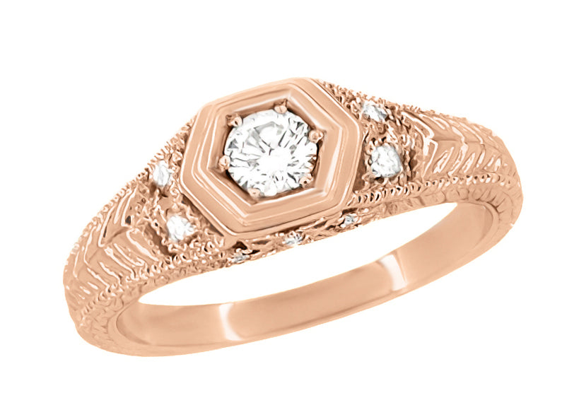 Rose Gold Art Deco Filigree Antique Style Carved Hexagon 1/4 Carat Diamond Engagement Ring - Item: R646R-LC - Image: 3
