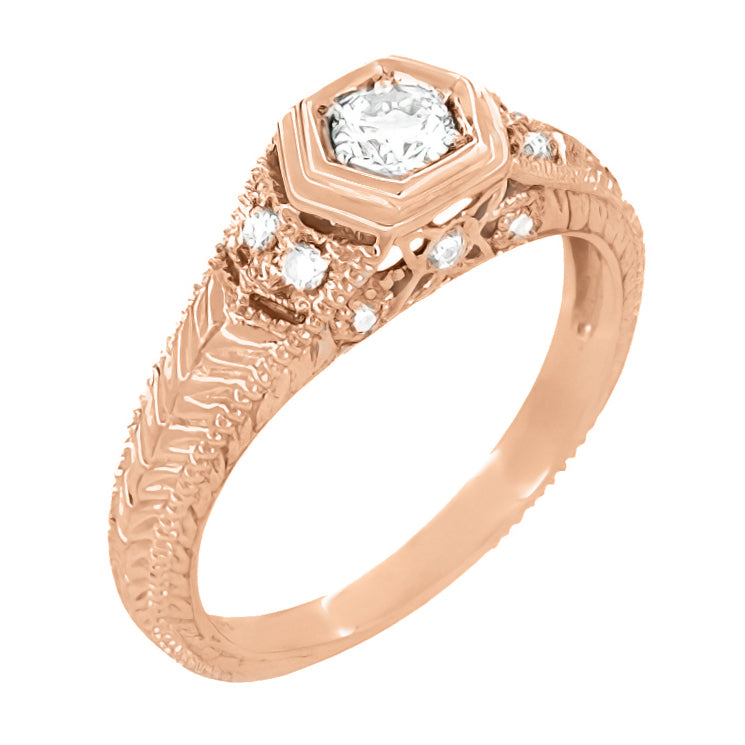 Rose Gold Art Deco Filigree Antique Style Carved Hexagon 1/4 Carat Diamond Engagement Ring - Item: R646R-LC - Image: 2