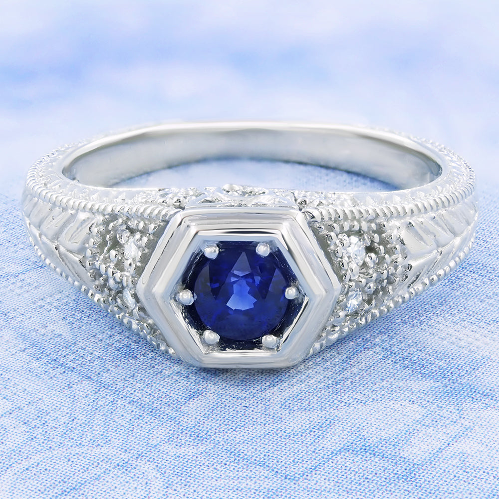 Art Deco Filigree Sapphire and Diamond Engagement Ring in 14 Karat White Gold | Antique Inspired Low Profile Ring - Item: R646W14S - Image: 5