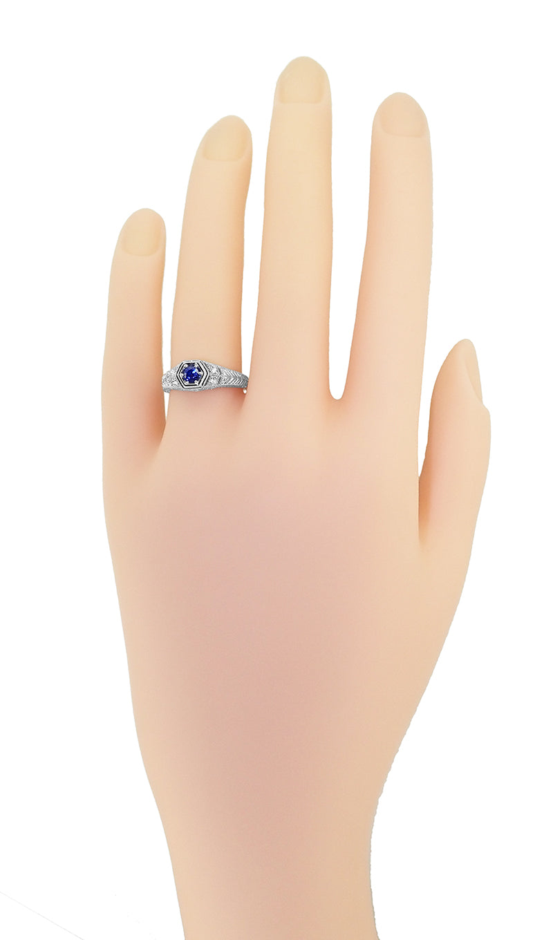Art Deco Filigree Sapphire and Diamond Engagement Ring in 14 Karat White Gold | Antique Inspired Low Profile Ring - Item: R646W14S - Image: 6