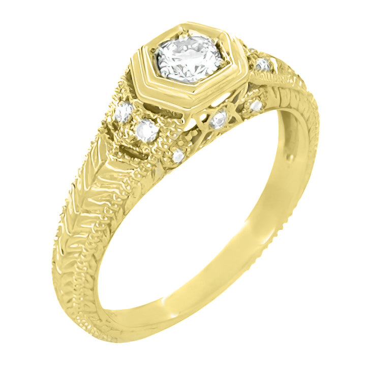 Art Deco Filigree Engraved Hexagon Yellow Gold Vintage Style Diamond Engagement Ring - 1/3 Carat T.W. - Item: R646Y-LC - Image: 2