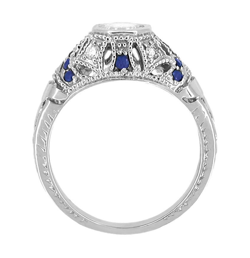 Art Deco Filigree Vintage Inspired Diamond Engagement Ring with Side Sapphires in 14 Karat White Gold - Item: R647 - Image: 3