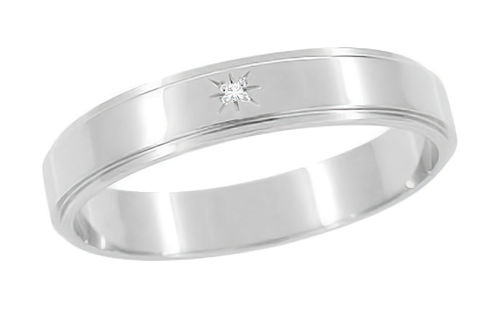 Grooved Edge Starburst Diamond Wedding Band 14K White Gold 4mm