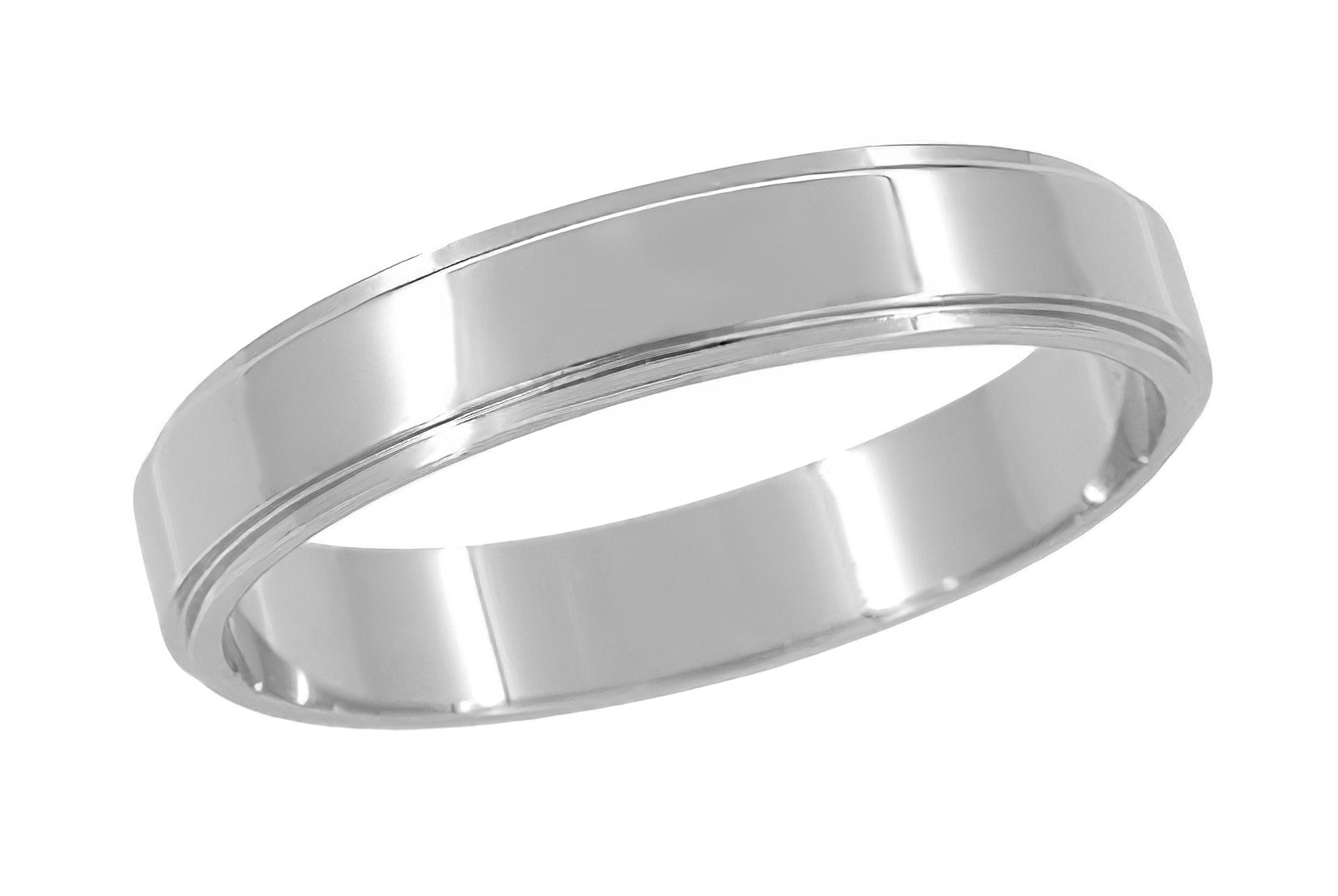 Grooved Edge Retro Wedding Band in White Gold - 4mm Wide - 14K or 18K