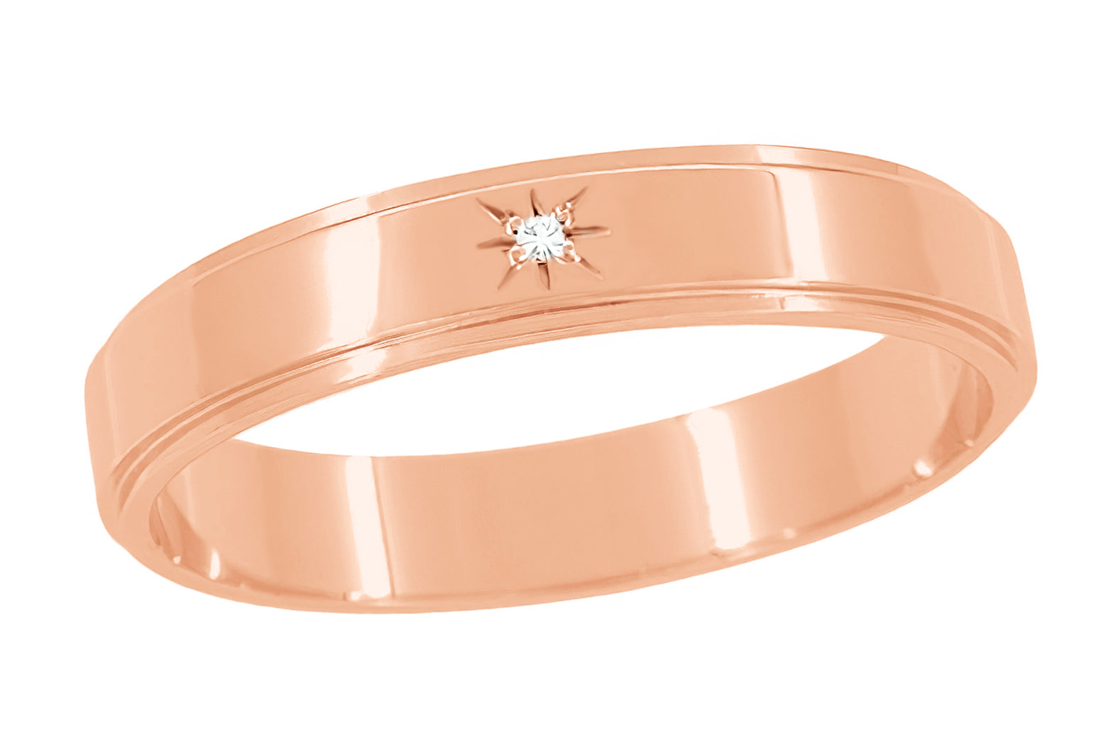 Vintage Diamond Mid Century Wedding Ring Style - 1950's Mid Century Rose Gold Grooved Edge Starburst Diamond Wedding Ring - 4mm Wide