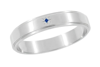 Starburst Grooved Edge 1950's Blue Sapphire Wedding Band in 14K White Gold - 4mm Wide
