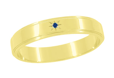 Yellow Gold Mid Century 1950's Starburst Grooved Edge Blue Sapphire Wedding Ring - 4mm Wide