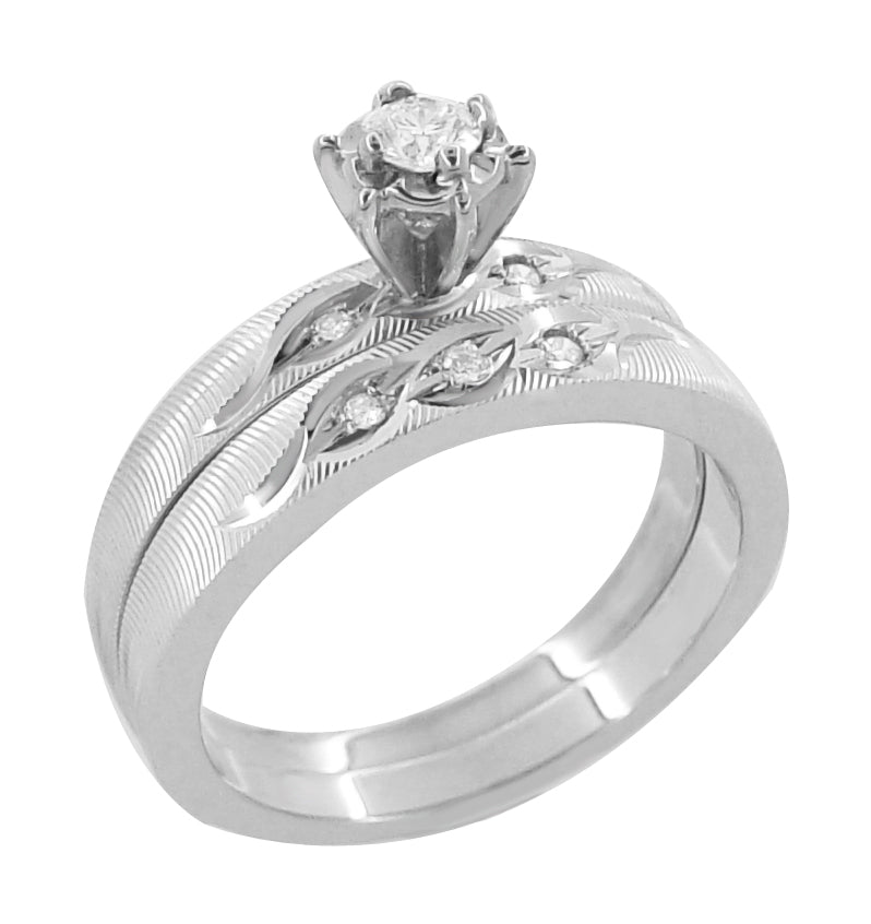 Moissanite White Gold Hand Made Leaf Engraved Vintage Engagement Ring –  Sennin Esko Jewelry
