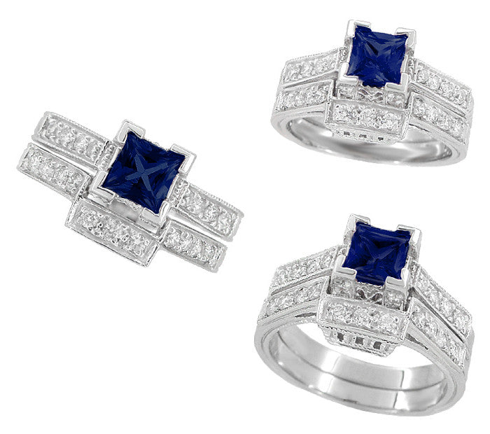 Art Deco 1/2 Carat Princess Cut Blue Sapphire and Diamond Engagement Ring in Platinum - Item: R661SP - Image: 5
