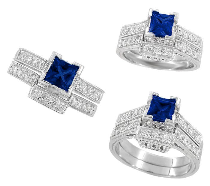 Art Deco 1/2 Carat Square Princess Cut Sapphire and Diamond Engagement Ring in 18 Karat White Gold - Item: R661S - Image: 5
